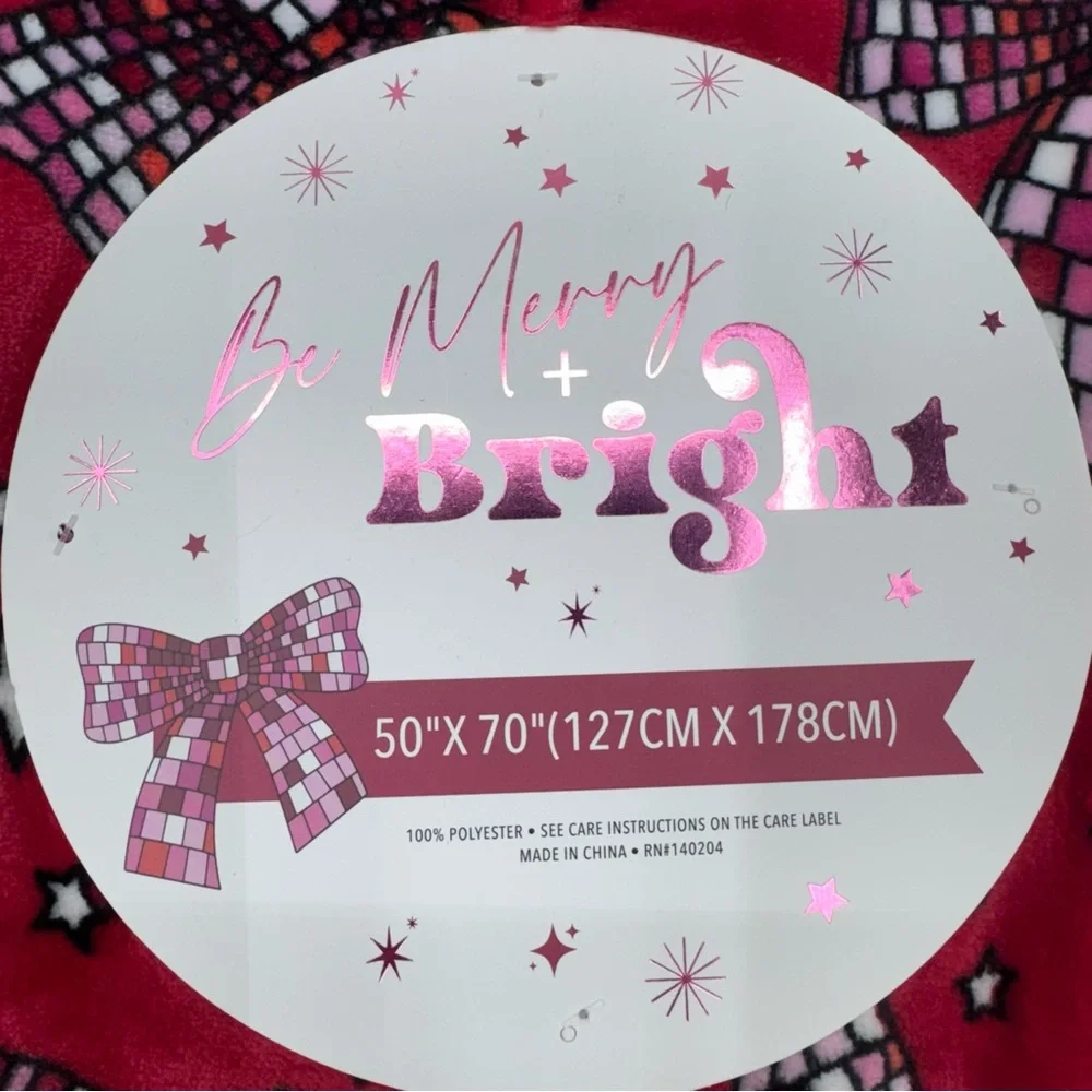Be Merry & Bright Disco Bow Christmas Throw Blanket 50”x70” Feminine New Nwt